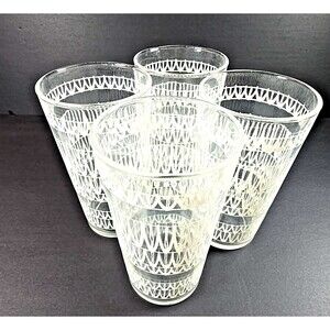 Vintage Mid-Century Glassware Whimsical White Scallop Pattern Set Of 4 MCM